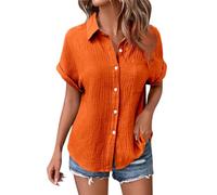 Musselin Hemd Bluse für Damen Elegant Tuniken Sommer Oberteile Kurzarm Leinenbluse Longbluse Oversized Hemdbluse Lässig für Leggings,02 Orange,S