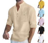 Musselin Hemd Herren Langarm Leinenhemd Regular Fit Henley Shirts Baumwolle Linen Shirt Men Freizeithemd Stehkragen Sommerhemd Einfarbig Leinenshirt Casual Strandhemd Lockere Urlaubshemd