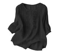 Musselin Hemd, Leinenbluse Damen 3/4 Arm Baumwolle Leinen Shirt Sommer Tunika Damenblusen Bestickte T-Shirts Elegant Blusen Shirts Sommerbluse Oberteile Tops, Damen Bluse Langarm