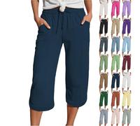 Musselin Hose 3/4 Leinenhose Sommer Kurze Hosen Sommerhose Leicht Caprihose Culotte Dreiviertel Strandhose Schlupfhose Kurzgrößen Damenhose Mit Gummizug