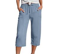 Musselin Hose Damen 3/4 - Leinenhose Damen Sommer Caprihose Sommerhose Leicht Stoffhose High Waist Elastische Kordelzug Baumwolle Leinen Capri Hosen Dreiviertel Freizeithose Strandhose für Frauen