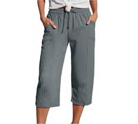 Musselin Hose Damen 3/4 - Leinenhose Damen Sommer Caprihose Sommerhose Leicht Stoffhose High Waist Elastische Kordelzug Baumwolle Leinen Capri Hosen Dreiviertel Freizeithose Strandhose für Frauen