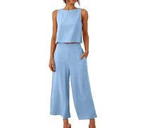 Musselin Hosenanzug Damen Ärmelloses Sommer Zweiteiler Tank Top und Hose 2 Teiler Elegant Hosenanzüge Leinen Jogginganzug Sommer Outfit Business Casual Anzug Leicht Freizeitanzug(Sky Blue,3XL)