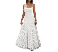 Musselin Kleid Damen Abendkleid Damen Lang Festlich Kleid für Hochzeitsgast Elegant Sexy Spitze Maxikleid Hochzeit Party Vintage Jacquard Quadratischer Ausschnitt XS White