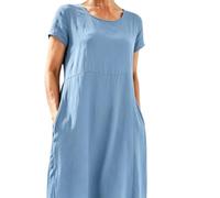 Musselin Kleid Damen Lang Sommer Leinenkleid - Sommerkleid Casual Rundhals Kurzarm Freizeitkleid Große Größen Strandkleider Sommerkleider Leicht und Luftig Kleid Leinenkleider mit Taschen