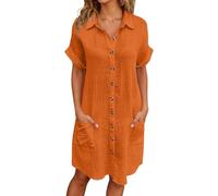 Musselin Kleid Damen Luftige Sommer Blusenkleid Falten Leinen Sommerkleid Casual Revers Style Knopfleiste Knielang Strandkleid Baumwolle Einfarbig Kurzarm Kleid Freizeitkleid mit Taschen