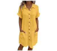 Musselin Kleid Damen Luftige Sommer Blusenkleid Falten Leinen Sommerkleid Casual Revers Style Knopfleiste Knielang Strandkleid Baumwolle Einfarbig Kurzarm Kleid Freizeitkleid mit Taschen