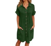 Musselin Kleid Damen Luftige Sommer Blusenkleid Falten Leinen Sommerkleid Casual Revers Style Knopfleiste Knielang Strandkleid Baumwolle Einfarbig Kurzarm Kleid Freizeitkleid mit Taschen
