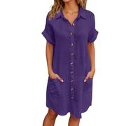 Musselin Kleid Damen Luftige Sommer Blusenkleid Falten Leinen Sommerkleid Casual Revers Style Knopfleiste Knielang Strandkleid Baumwolle Einfarbig Kurzarm Kleid Freizeitkleid mit Taschen