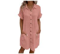 Musselin Kleid Damen Luftige Sommer Blusenkleid Falten Leinen Sommerkleid Casual Revers Style Knopfleiste Knielang Strandkleid Baumwolle Einfarbig Kurzarm Kleid Freizeitkleid mit Taschen