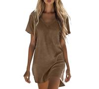 Musselin Kleid Damen Sommer Baumwolle Leinenkleid Oversized Leinen Sommerkleid Leicht Luftige Strandkleid Kurzarm V-Ausschnitt Blusenkleid Locker Casual Shirtkleid Elegant Einfarbig Partykleid S-5XL