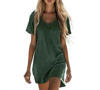 Musselin Kleid Damen Sommer Baumwolle Leinenkleid Oversized Leinen Sommerkleid Leicht Luftige Strandkleid Kurzarm V-Ausschnitt Blusenkleid Locker Casual Shirtkleid Elegant Einfarbig Partykleid S-5XL
