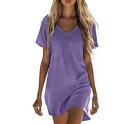 Musselin Kleid Damen Sommer Baumwolle Leinenkleid Oversized Leinen Sommerkleid Leicht Luftige Strandkleid Kurzarm V-Ausschnitt Blusenkleid Locker Casual Shirtkleid Elegant Einfarbig Partykleid S-5XL
