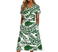Musselin Kleid Damen,Sommer Blumenmuster Leinenkleid Locker Kurzarm Blusenkleid Elegant Einfarbig Sommerkleid Boho Strandkleid Lässige A-Linie Kleider Luftig Leichte Shirtkleid Urlaubs Freizeitkleid