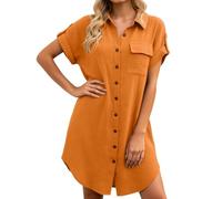 Musselin Kleid Damen Sommer, Kurzarm Sommerkleid Knielang Strandkleid V-Ausschnitt Freizeitkleid Locker Casual Blusenkleid Einfarbig Midikleid Elegant Hemdkleid Leicht und Luftig Shirtkleid, S-XXL