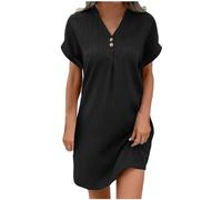 Musselin Kleid Damen Sommer Plissee Leinenkleid Große Größen Sommerkleid Kurzarm Musselin Bluse Kleid Freizeit Knielang Strandkleid Leichte Blusenkleid Einfarbig Freizeitkleid Urlaub Hemdkleid