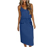 Musselin Kleid Damen Sommerkleid Damen Trägerkleid mit Spaghettiträgern Kordelzug Taschen Leicht Luftig Casual Kleid für Sommer Feier und Abend S Blue