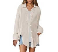 Musselin Pyjama Damen, Musselin Bluse Damen Langarm Elegant Leicht Oversize Tuniken Einfarbig Lässiges Hemd Oberteile, Beige, S