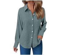 Musselin Schlafanzug Damen Musselin Bluse Damen Langarm - Aus Baumwollmix (60 %) mit Knopfleiste, Strukturierter Stoff, Umlegekragen - Locker & Bequem für Alltag, Büro, Outdoor Hellblau