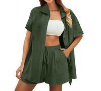 Musselin Set Damen Sommer Zweiteiler Elegant Y2K Musselin Bluse Und Shorts Aesthetic Lounge Set Baumwolle Sportanzug Oversize Freizeitanzug Langarm Hausanzug Outfit Zweiteiler Musselin Bluse