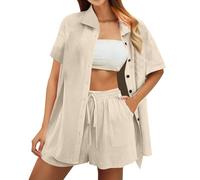 Musselin Set Damen Sommer Zweiteiler Elegant Y2K Musselin Bluse Und Shorts Aesthetic Lounge Set Baumwolle Sportanzug Oversize Freizeitanzug Langarm Hausanzug Outfit Zweiteiler Musselin Bluse
