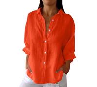 musselin Shirt Damen Sommer Hemd hemdbluse Kurzarm Einfarbig Baumwoll Leinen Revers 3/4 Ärmel Tunika Lagenlook sportoberteile（Orange, L