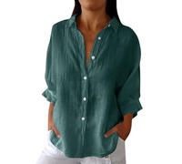 musselinbluse Oversize Bluse Damen musselin schwarz Einfarbig Baumwoll Leinen Revers 3/4 Ärmel Tunika karohemd lang blusentops（Grün, L