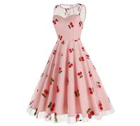 Must Haves Sale Angebote Kleidung Damen Kleider Sommer Lang Damen-Retrokleid Im 50Er Stil Mit Rundhalsausschnitt, Ärmellos, Netzstoff, Bestickt, Kirschen Kleid Eng Schwarz Angebote Des Tages Heute