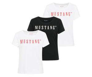 MUSTANG Damen T-Shirt 3er Pack - Alma, Baumwolle, Rundhals, Logo 2xWeiß/Schwarz XS