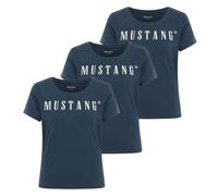 MUSTANG Damen T-Shirt 3er Pack - Alma, Baumwolle, Rundhals, Logo Dunkelblau / S S Blau