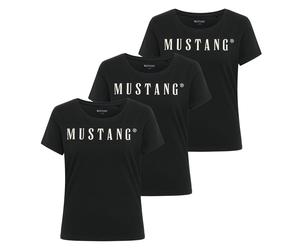 MUSTANG Damen T-Shirt 3er Pack - Alma, Baumwolle, Rundhals, Logo M Schwarz