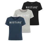 MUSTANG Damen T-Shirt 3er Pack - Alma, Baumwolle, Rundhals, Logo Schwarz/Grau/Dunkelblau M