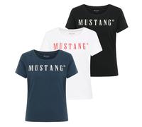 MUSTANG Damen T-Shirt 3er Pack - Alma, Baumwolle, Rundhals, Logo Schwarz/Weiß/Dunkelblau XS