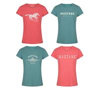 MUSTANG Damen T-Shirt 4er Pack Slim Fit Rundhals O-Neck Basic Kurzarm Logo Print Sommer Shirt 100% Baumwolle Weiß Blau Grün Rot S M L XL XXL, Größe:M, Farbe:Farbmix 5