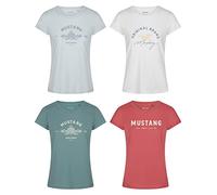 MUSTANG Damen T-Shirt 4er Pack Slim Fit Rundhals O-Neck Basic Kurzarm Logo Print Sommer Shirt 100% Baumwolle Weiß Blau Grün Rot S M L XL XXL, Größe:M, Farbe:Farbmix 4