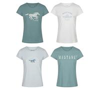 MUSTANG Damen T-Shirt 4er Pack Slim Fit Rundhals O-Neck Basic Kurzarm Logo Print Sommer Shirt 100% Baumwolle Weiß Blau Grün Rot S M L XL XXL, Größe:L, Farbe:Farbmix 2