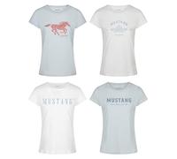 MUSTANG Damen T-Shirt 4er Pack Slim Fit Rundhals O-Neck Basic Kurzarm Logo Print Sommer Shirt 100% Baumwolle Weiß Blau Grün Rot S M L XL XXL, Größe:XXL, Farbe:Farbmix 3