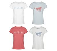 MUSTANG Damen T-Shirt 4er Pack Slim Fit Rundhals O-Neck Basic Kurzarm Logo Print Sommer Shirt 100% Baumwolle Weiß Blau Grün Rot S M L XL XXL, Größe:L, Farbe:Farbmix 6