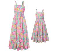 Mutter Tochter Kleider Blumen Sommerkleid, Ärmelloses A-Linien Kleid Damen Mädchen Elastischem Bund, Urlaub Familien Outfits Kleidung Sommer Blau-rosa Blume 10-11 Jahre