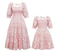 Mutter Tochter Kleider Elegante Kleidung Passende Mama Tochter Kleider A-Linie Langarm Blumendruck Familienoutfits für Party Geschenk Picknick Zeremonie Blumenkleid mit Puffärmeln Pinke Blume XL