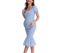 Mutterschaft Sommer Midi Bodycon Kleider, kurze Puffärmel quadratischer Ausschnitt Rüschen Saum Meerjungfrau Baby Dusche Kleid, Blau, Klein