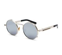 MUTYNE Klassische runde Steampunk-Sonnenbrille mit dickem Rahmen, 9 Farben, Retro-Metallfedern, Dekoration, reflektierende Linse, Punk-Brille, Silber, Silberspiegel, Einheitsgröße
