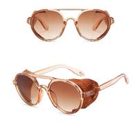 MUTYNE Runde Steampunk-Sonnenbrille für Herren, klassische Vintage-Punk-Nieten-Wickelbrille, Retro-Leder-Sonnenbrille, Tee, Einheitsgröße