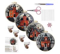 Muuookka 4er-Pack Halloween-Schloss-Sticksets für Anfänger: Kreuzstich-Set mit Herbstkürbis und Schwarzer Baumfledermaus