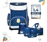 MUWO Kinder Schulranzen Set 5tlg. ergonomischer Leichter Schulrucksack mit Sporttasche, Turnbeutel, Federmappe, nur 920 Gramm (Polizei Design)
