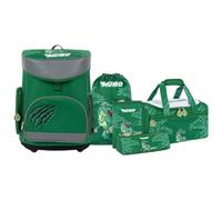 MUWO Kinder Schulranzen Set 5tlg. ergonomischer Leichter Schulrucksack mit Sporttasche, Turnbeutel, Federmappe, nur 920 Gramm (Dinosaurier Design)