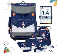 MUWO Kinder Schulranzen Set 5tlg. ergonomischer leichter Schulrucksack mit Sporttasche, Turnbeutel, Federmappe, nur 920 gramm (Weltraum Design)