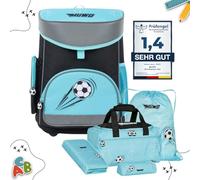 MUWO Kinder Schulranzen Set 5tlg. ergonomischer leichter Schulrucksack mit Sporttasche, Turnbeutel, Federmappe, nur 920 gramm (Fußball Design)