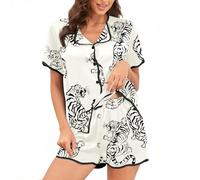 Muwodkdn Satin Pyjama Damen Kurz Pyjama Set Sommer Schlafanzug mit Knopf Frauen Seide Nachtwäsche V-Ausschnitt Pjs Zweiteiliger Hausanzug Weißer Tiger S