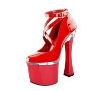 MUYEY 18 cm/7,09 Zoll Damen Knöchelriemen Pumps Heels Damen Plateau High Heel Rauhe Pumps Sexy Pole Dance Striptease Schuhe Übergröße,Rot,37 EU
